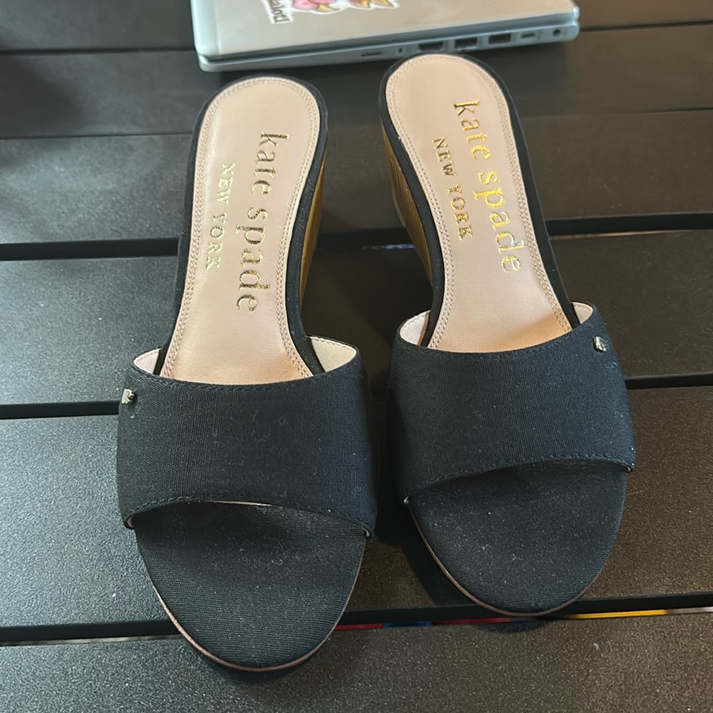 Kate Spade Black Mules with Gold Logo
